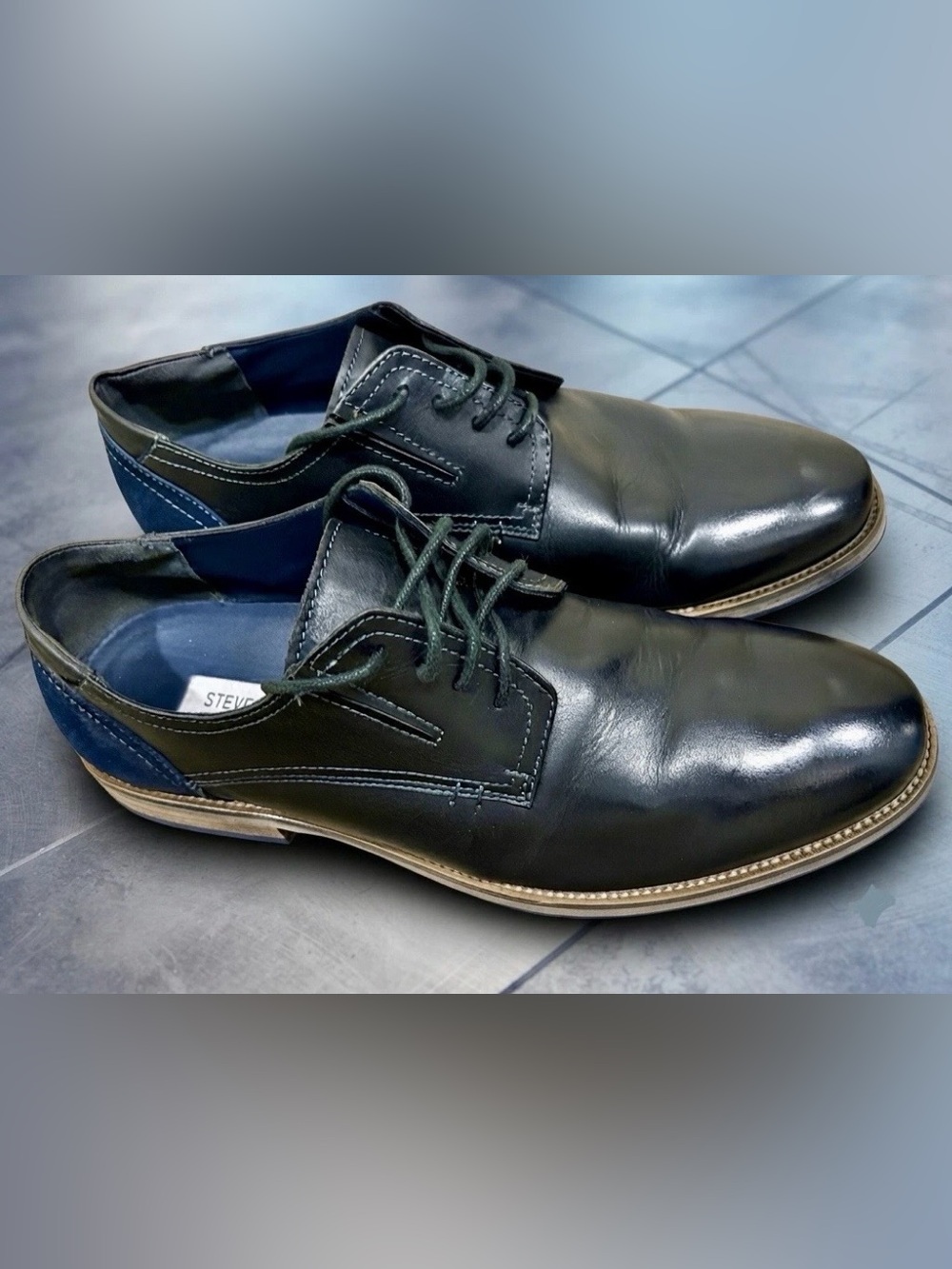 RARE Steve Madden Lectern Black Leather Blue Suede Contrast Oxford shoes 10.5B